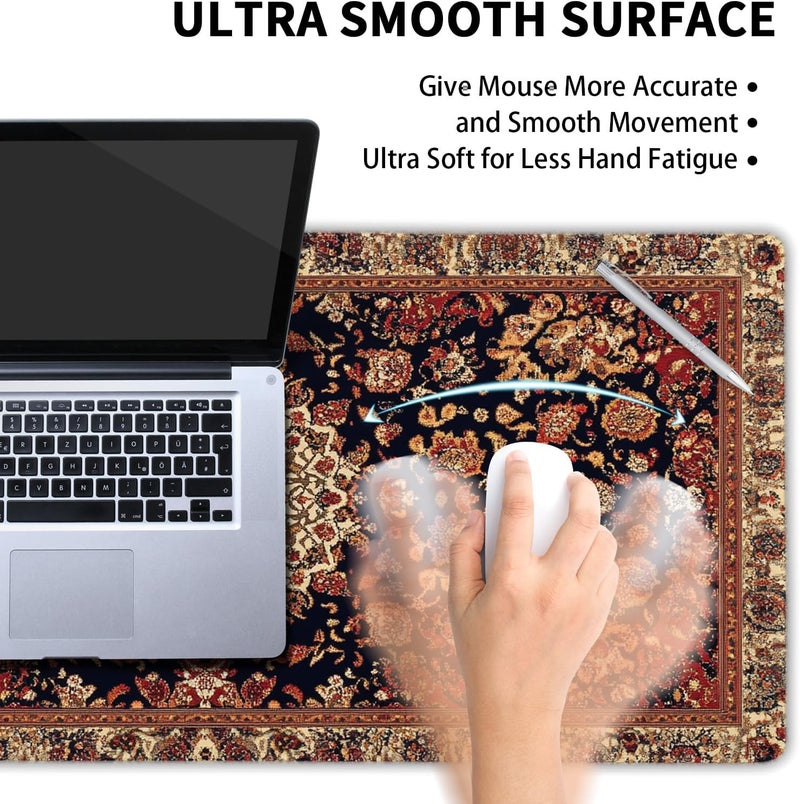 aportt Vintage Rug Gaming Mouse Pad XL Dark Brown Retro Carpet Aesthetic Extended Large Mat Mousepad Desk Pad Non-Slip Rubber Base Stitched Edge Flower Keyboard Pad Playmat for Computer,31.5×11.8 Inch - Image 4