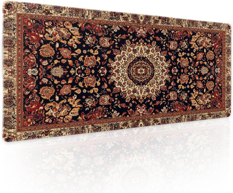 aportt Vintage Rug Gaming Mouse Pad XL Dark Brown Retro Carpet Aesthetic Extended Large Mat Mousepad Desk Pad Non-Slip Rubber Base Stitched Edge Flower Keyboard Pad Playmat for Computer,31.5×11.8 Inch - Image 1