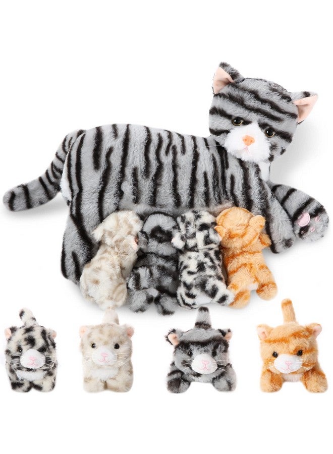 Skylety Nurturing Cat Stuffed Animal with Plush Kittens, Cat Baby Christmas Stuffed for Girls and Boys Plushy Kitty Mommy Cat with 4 Baby Cats for Birthday Party Favors Gifts(Cuddly Style) - Image 1