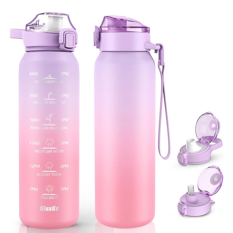 SLUXKE Stainless Steel Insulated Water Bottle 32oz with Handle, 1L Double Wall Insulated Bottle with Time Marker BPA Free, 1000ml Metal Water Flask for Outdoor Working School PURPLE PINK - Image 1