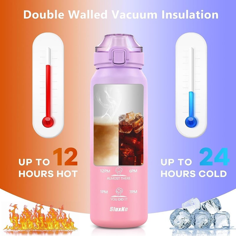 SLUXKE Stainless Steel Insulated Water Bottle 32oz with Handle, 1L Double Wall Insulated Bottle with Time Marker BPA Free, 1000ml Metal Water Flask for Outdoor Working School PURPLE PINK - Image 3