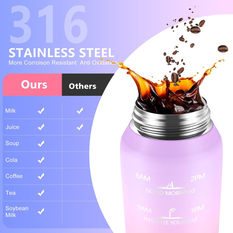 SLUXKE Stainless Steel Insulated Water Bottle 32oz with Handle, 1L Double Wall Insulated Bottle with Time Marker BPA Free, 1000ml Metal Water Flask for Outdoor Working School PURPLE PINK - Image 4