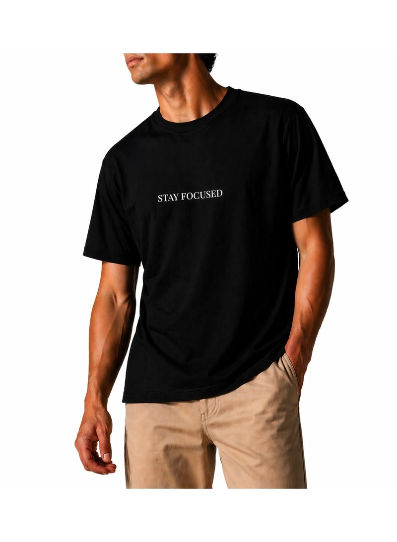 Men's Relax Fit Cotton T-Shirt with 'Stay Focused' Print - Black - Image 1