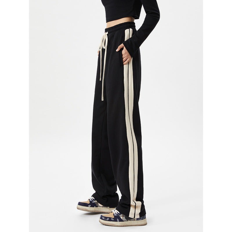 Petite Side Stripe Brown Joggers Retro Casual Black small section