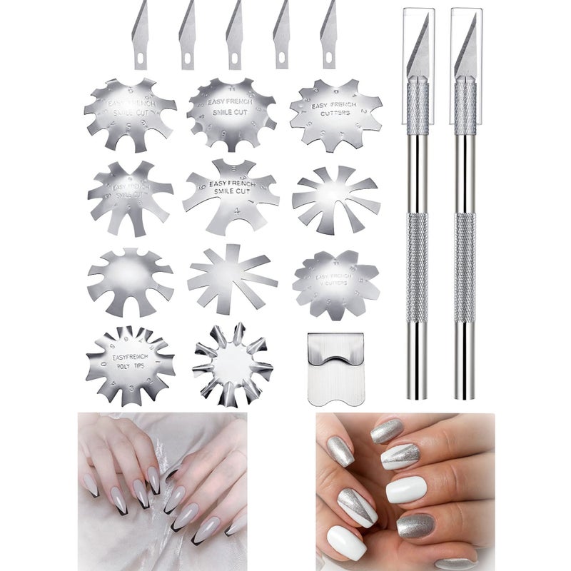 SOLARAE 12 Pieces French Nail Trimmer, Stainless Steel French Tip Cutters, Smile Line Cutter Edge Manicure DIY Plate Module with 2 Handles French Tip Cutting Knife and 5 Spare Blade for Acrylic Nail - Image 1