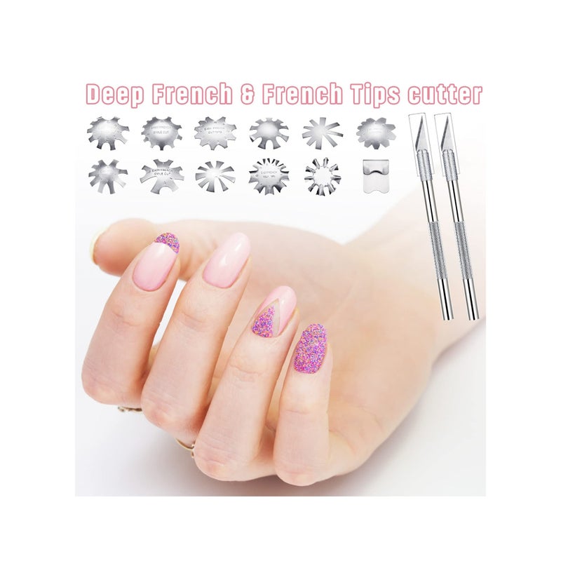 SOLARAE 12 Pieces French Nail Trimmer, Stainless Steel French Tip Cutters, Smile Line Cutter Edge Manicure DIY Plate Module with 2 Handles French Tip Cutting Knife and 5 Spare Blade for Acrylic Nail - Image 3