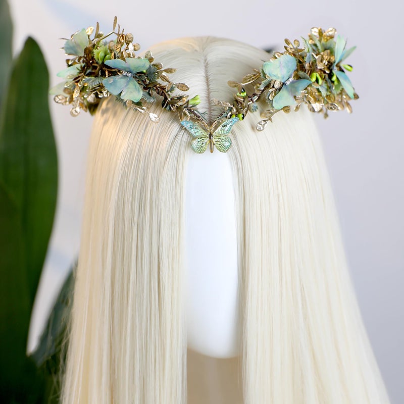 MOSTORY Butterfly Fairy Accessories Set - Green Flower Elf Crown Elf Ear Cuffs Kit for Woodland Renaissance Costume Women Forest Fantasy Fairycore Cosplay - Image 3