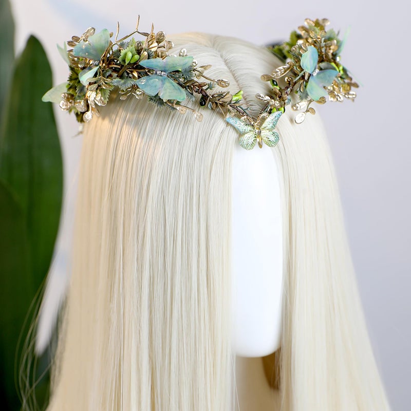 MOSTORY Butterfly Fairy Accessories Set - Green Flower Elf Crown Elf Ear Cuffs Kit for Woodland Renaissance Costume Women Forest Fantasy Fairycore Cosplay - Image 4