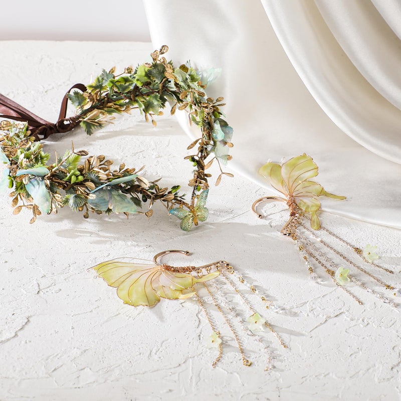 MOSTORY Butterfly Fairy Accessories Set - Green Flower Elf Crown Elf Ear Cuffs Kit for Woodland Renaissance Costume Women Forest Fantasy Fairycore Cosplay - Image 5