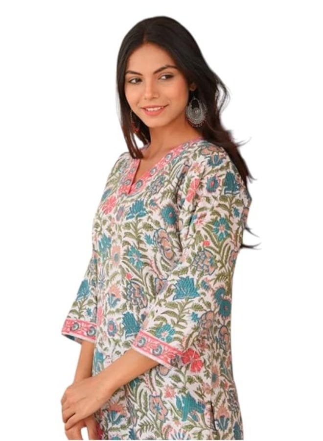 Yashika Women Viscose Rayon Floral Printed Stitched Kurta with Pant | White Color Kurta Set | Kurta with Pant Set for Woman | Printed Kurta Set|Off White|M - Image 1