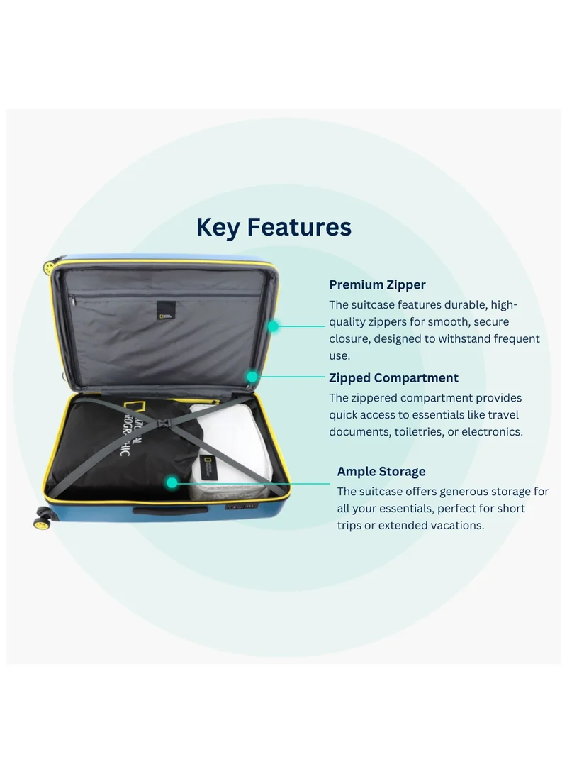 NATIONAL GEOGRAPHIC National Geographic Globe ABS Hard Shell Large Check-In Suitcase Blue, Durable Lightweight Travel Luggage, 4 Double Wheel Trolley Bag with TSA Combination Lock (71 cm/28 Inch).