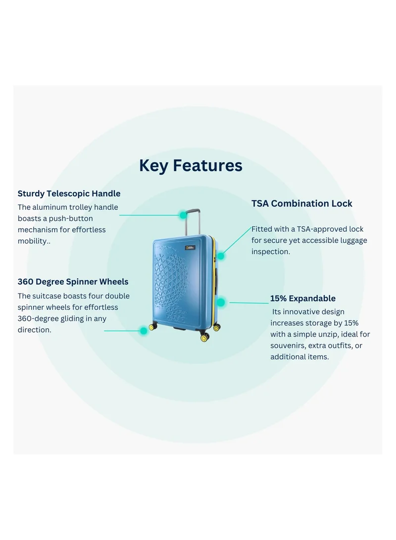 NATIONAL GEOGRAPHIC National Geographic Globe ABS Hard Shell Large Check-In Suitcase Blue, Durable Lightweight Travel Luggage, 4 Double Wheel Trolley Bag with TSA Combination Lock (71 cm/28 Inch).