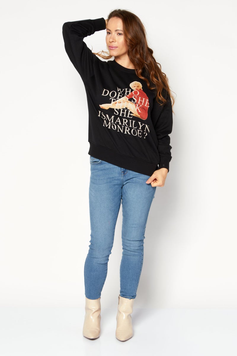 Marilyn Monroe Women Crew Neck Long Sleeve Graphic Print Sweatshirt, Black - Image 3
