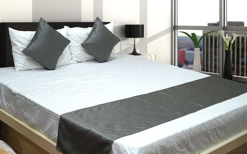 Vissage Vissage Suave Self Design Double Bed Runner with 2 Cushion Covers Dark Grey 