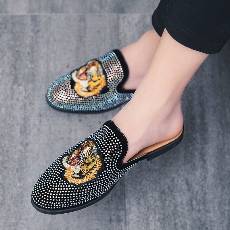 Fitting Room Half-Support Diamond Leather Shoes 2024 Outdoor Breathable Topless Casual Slip-On Leather Shoes For Men - Image 4