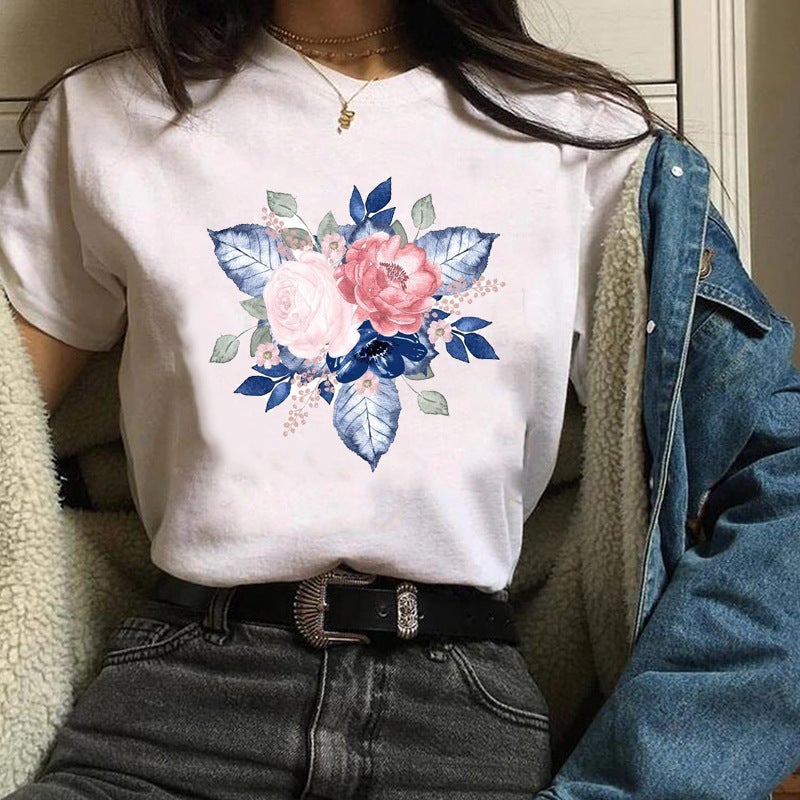 2023 Fashion Flowers Urban Shrimp Crewneck Printed White T-Shirt Short Sleeve Women'S - Image 1