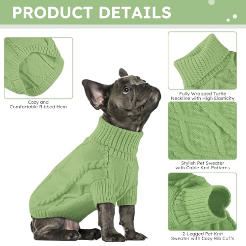 Queenmore Small Dog Pullover Sweater, Cold Weather Cable Knitwear, Classic Turtleneck Thick Warm Clothes for Chihuahua, Bulldog, Dachshund, Pug, Yorkie (Green, Small) - Image 2