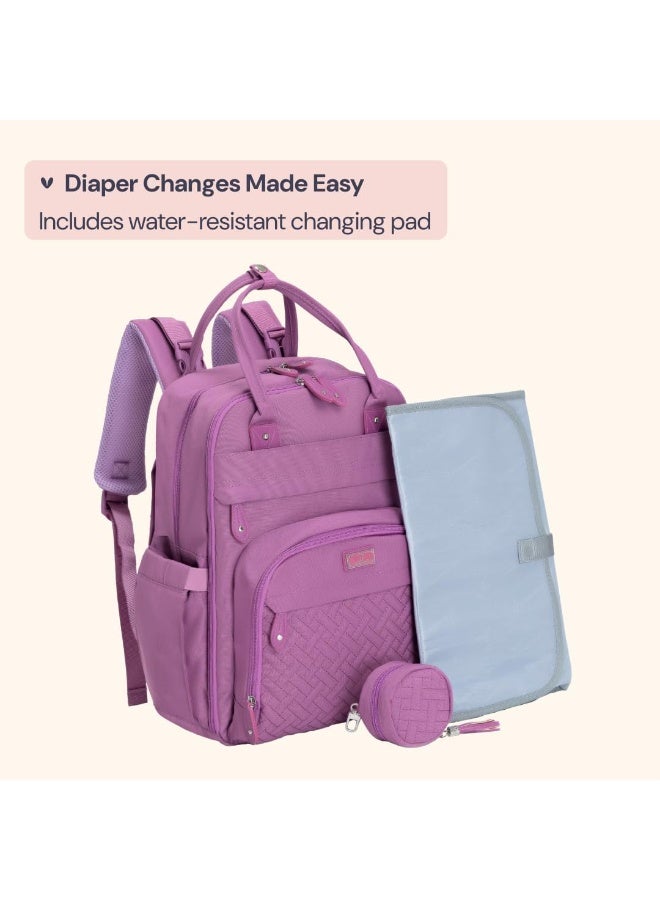 BabbleRoo Diaper Bag Backpack - Baby Essentials Travel Tote - Multi Function Water Resistant Diaper Bag, Travel Essentials Baby Bag with Changing Pad, Stroller Straps & Pacifier Case - Unisex, Purple - Image 3