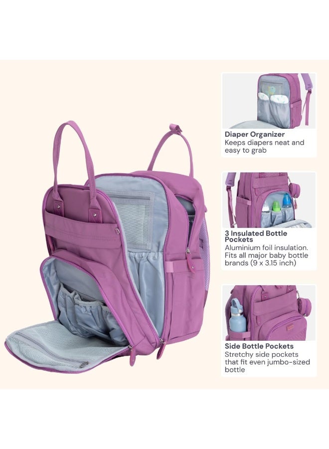BabbleRoo Diaper Bag Backpack - Baby Essentials Travel Tote - Multi Function Water Resistant Diaper Bag, Travel Essentials Baby Bag with Changing Pad, Stroller Straps & Pacifier Case - Unisex, Purple - Image 2