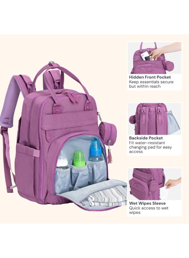 BabbleRoo Diaper Bag Backpack - Baby Essentials Travel Tote - Multi Function Water Resistant Diaper Bag, Travel Essentials Baby Bag with Changing Pad, Stroller Straps & Pacifier Case - Unisex, Purple - Image 1