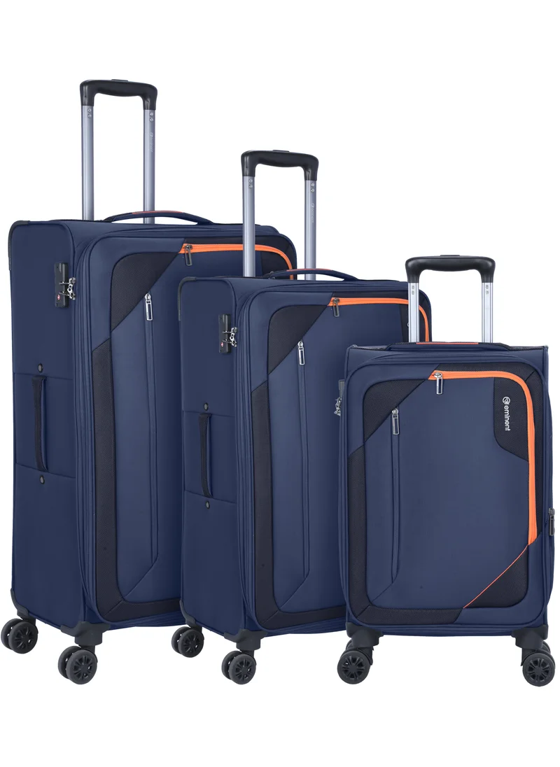 إيمينينت Unisex Soft Travel Bag Trolley Luggage Set of 3 Polyester Lightweight Expandable 4 Double Spinner Wheeled Suitcase with 3 Digit TSA lock E765 Navy Blue