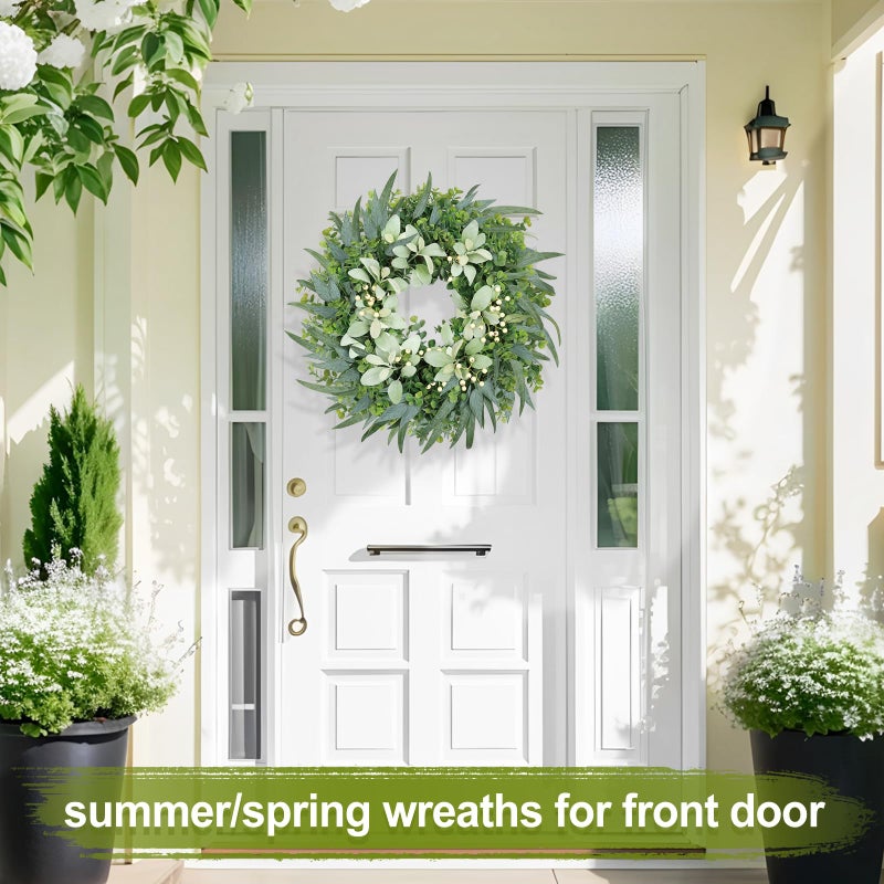 Zmtyykh 26 Inch Eucalyptus Wreath Large Spring Wreath for Front Door with Lambâ€™s Ear White Berries Outdoor Wreath Farmhouse Home Decor Front Porch Wall Indoors Greenery Wreath for All Seasons Summer - Image 5