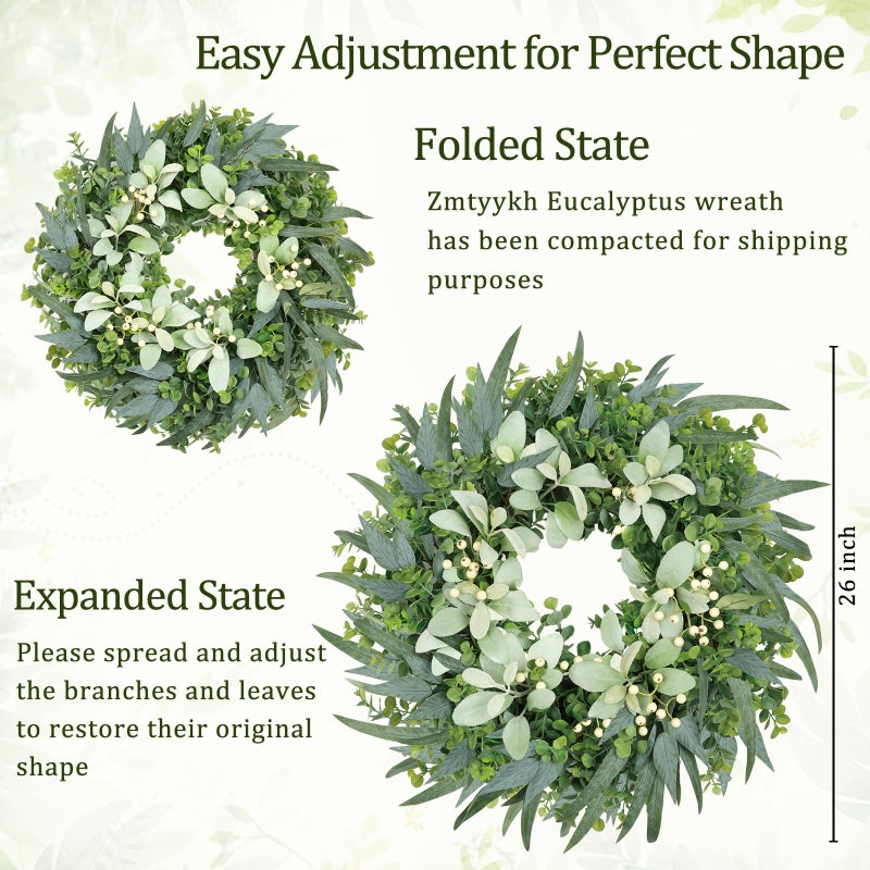 Zmtyykh 26 Inch Eucalyptus Wreath Large Spring Wreath for Front Door with Lambâ€™s Ear White Berries Outdoor Wreath Farmhouse Home Decor Front Porch Wall Indoors Greenery Wreath for All Seasons Summer - Image 4