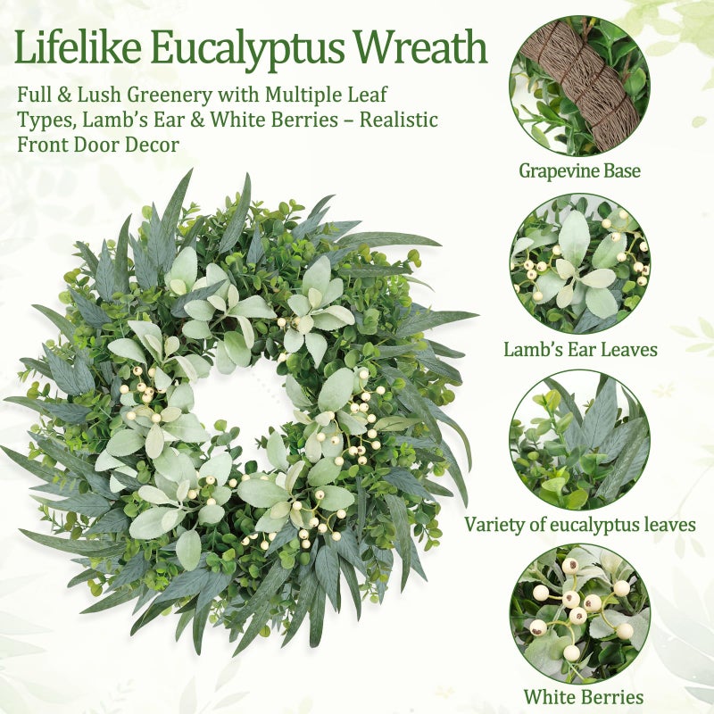 Zmtyykh 26 Inch Eucalyptus Wreath Large Spring Wreath for Front Door with Lambâ€™s Ear White Berries Outdoor Wreath Farmhouse Home Decor Front Porch Wall Indoors Greenery Wreath for All Seasons Summer - Image 2