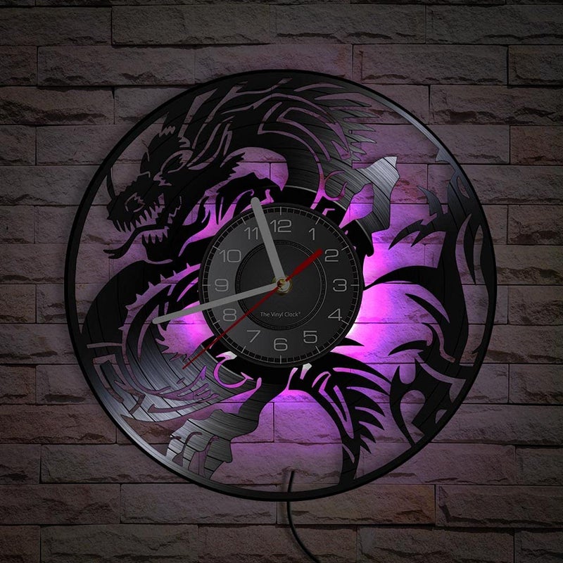 Timethink 12 Inch Dragon LED Wall Clock with 7 Colors Changing Silent Non Ticking Vintage Flying Evil Dragon Spiritual Symbol Fantasy Vinyl Record Wall Clock Watch for Living Room Bedroom Decor