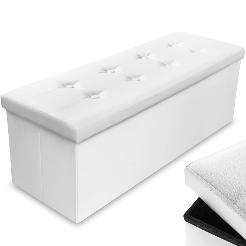 Nyxi Foldable Ottoman Storage Box 110x38x38cm 120L Capacity Faux Leather MultiPurpose 2Seater Foot Stool Storage Organizer with Lid for Kids Toys Bedroom Hallway Living Room White