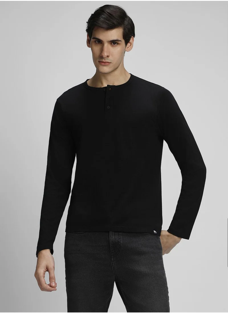 دينيس لينغو Black and Olive Slim Fit Henley Neck T-shirt for Men - 100% Cotton, Full Sleeve, Casual