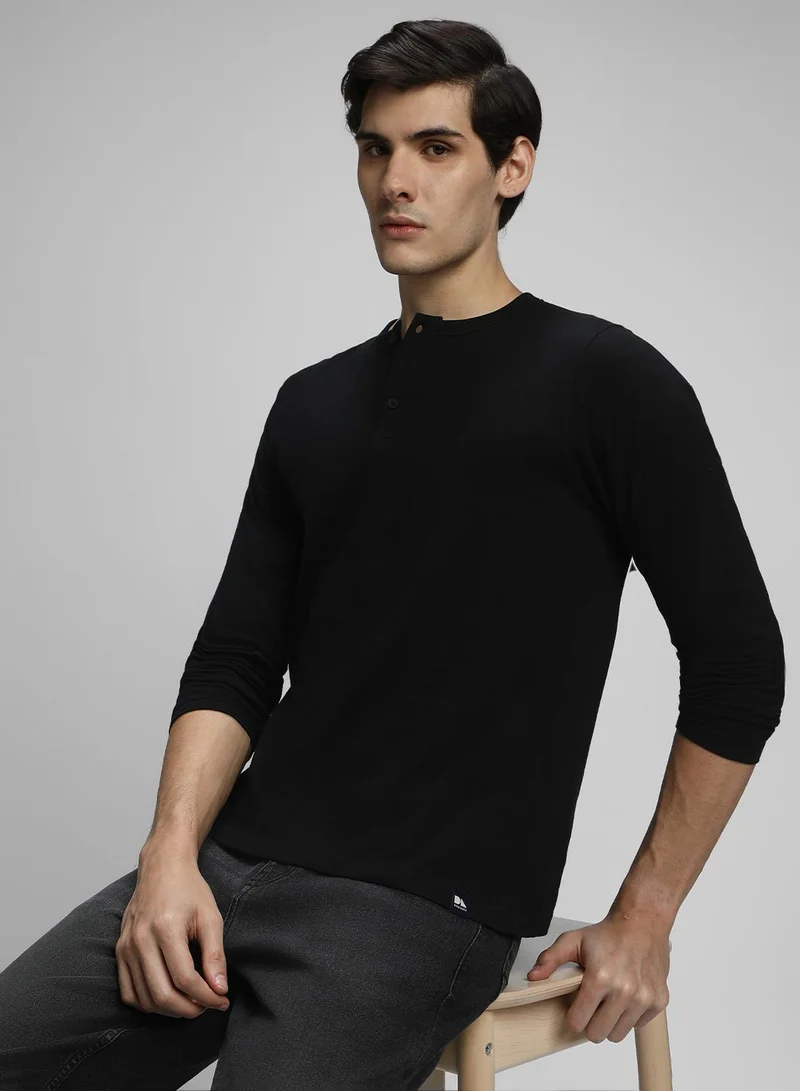 دينيس لينغو Men's Black And Olive 100% Cotton Solid Pattern Slim Fit T-Shirt