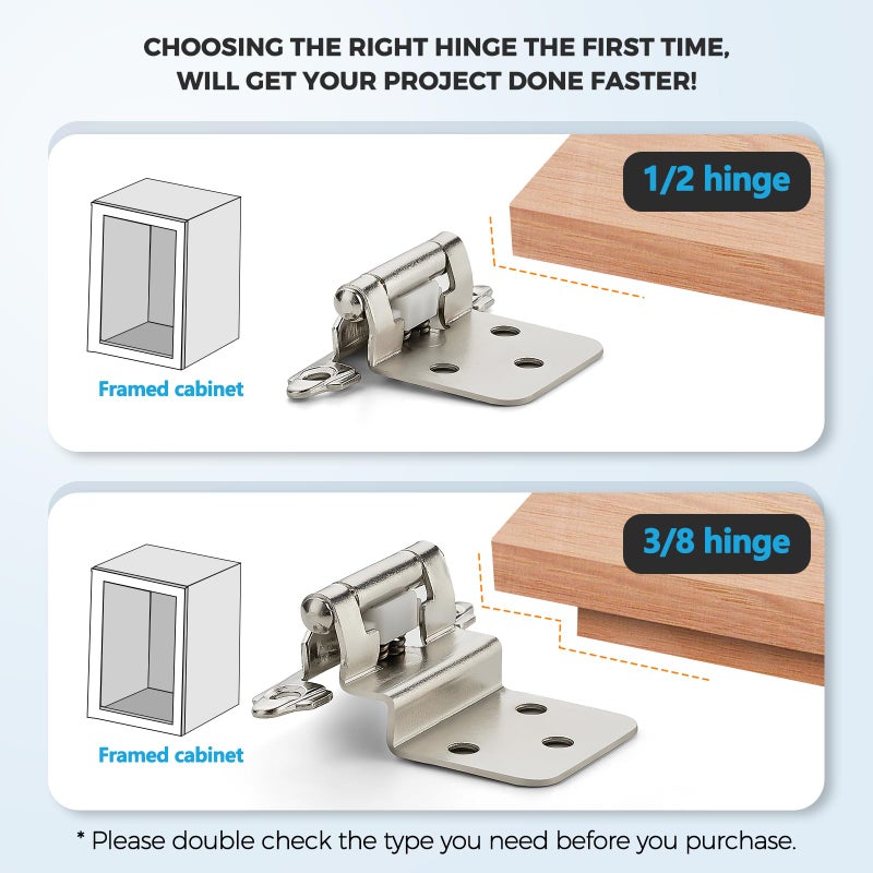 Ravinte Hardware 10 Pack (5 Pairs) 1/2 Inch Insert Kitchen Cabinet Hinges, Satin Nickel Self Closing Hinges For Kitchen Cabinet Doors, Semi-Concealed Cupboard Hardware, Face Mount Hardware, Silver - Image 2