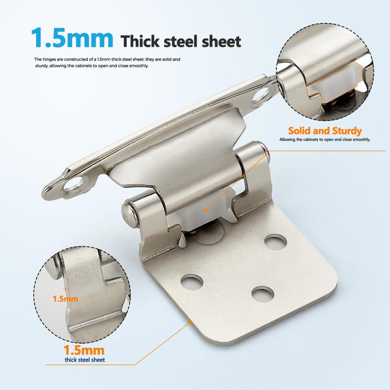 Ravinte Hardware 10 Pack (5 Pairs) 1/2 Inch Insert Kitchen Cabinet Hinges, Satin Nickel Self Closing Hinges For Kitchen Cabinet Doors, Semi-Concealed Cupboard Hardware, Face Mount Hardware, Silver - Image 4