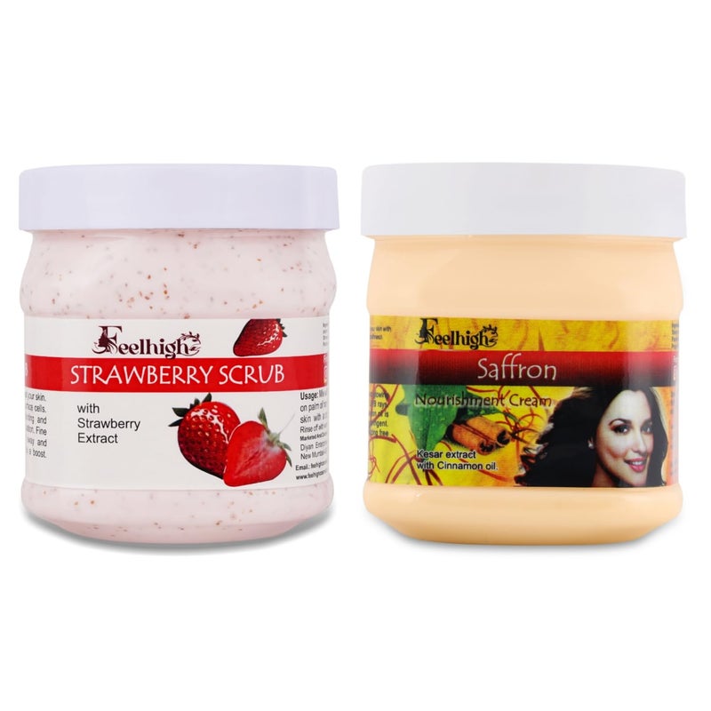 FEELHIGH Combo Strawberry Face Body Scrub 500ml Enriched with Strawberry Extract for Dead Skin Cell Removal and Hydration Saffron Face Moisturizing Cream 500ml Enriched with Saffron Extract Pack of 2 Men and Women Facial Kit - Image 1
