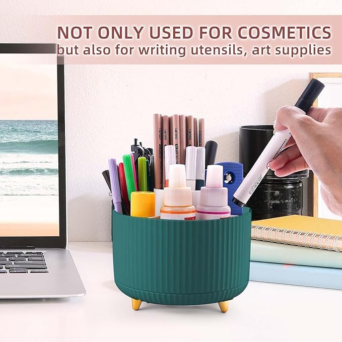 Topinon Makeup Brush Holder Organizer,360° Rotating Makeup Brush Organizer,5 Slot Make up Brushes Cup for Cosmetics, Nail Polish, Art Supply, Bathroom Vanity Desktop Organizer (Green) - Image 3