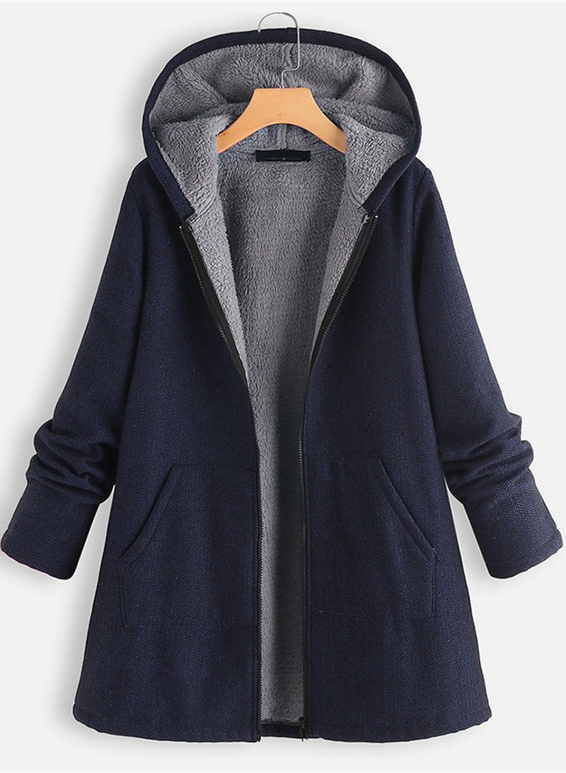 Loquat جاكيت مبطن للنساء مصمم بشكل عصري مع غطاء رأس جاكيت طويل كاجوال دافئ مبطن أزرق - Image 1