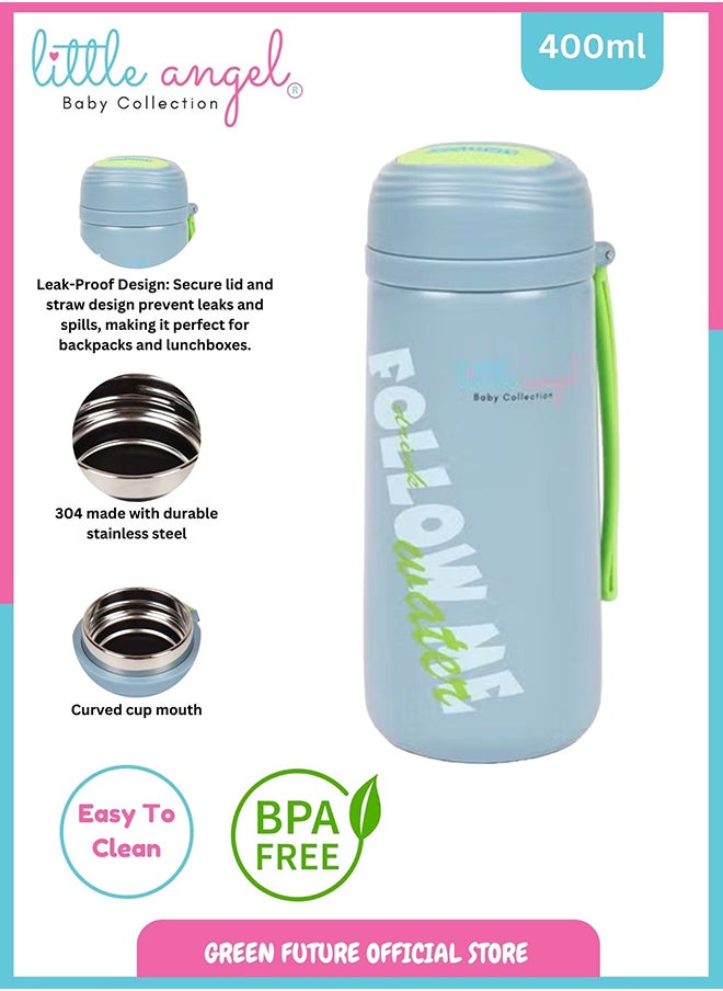 Little Angel Kids Water Bottle Stainless Steel, High Quality 400ml - Leak-Proof with Screw-Top Lid, Portable and Durable Design for School, Sports, Indoor & Outdoor - Blue  - Image 2