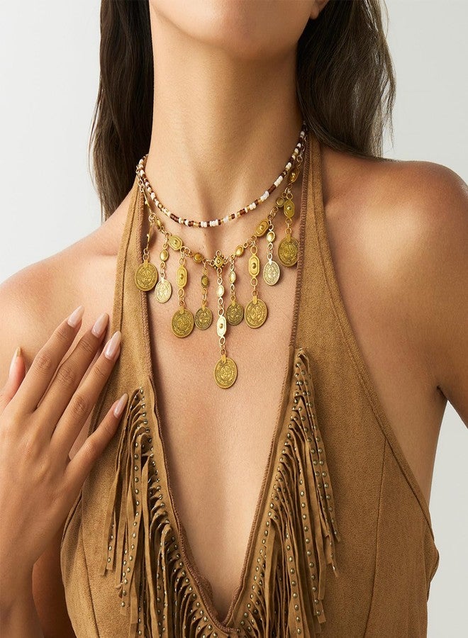 TACBSP Boho Coin Charm Necklace for Women Layered Gold Coin Beaded Pendant Necklace Pirate Necklace Chunky Coins Tassel Ethnic Gypsy Costume Accessories - Image 3