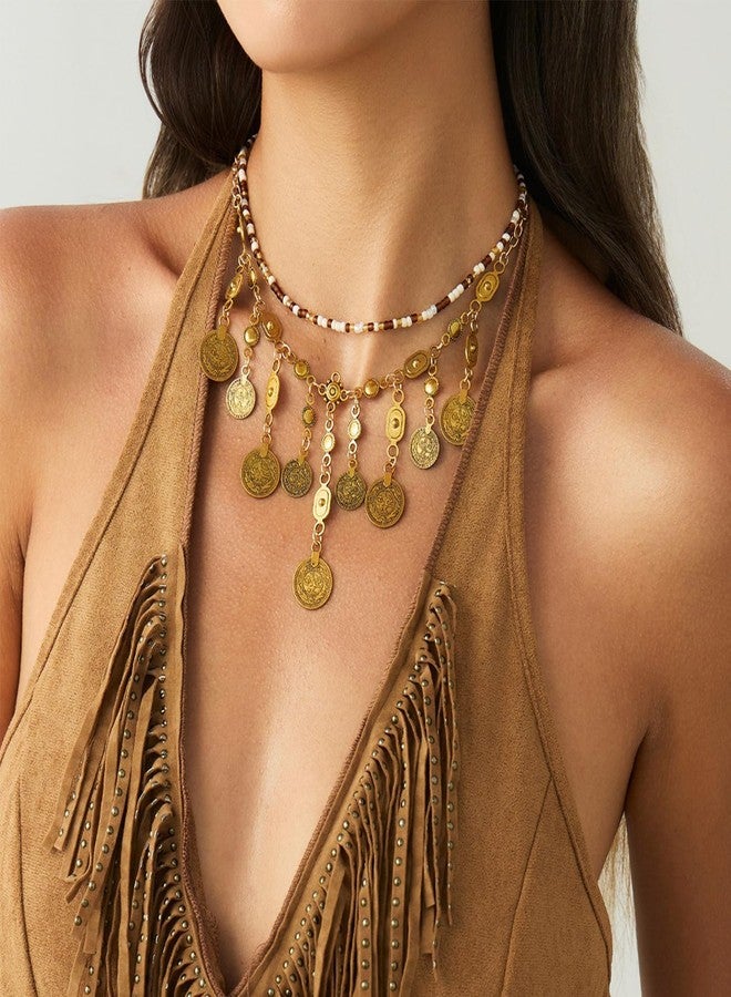 TACBSP Boho Coin Charm Necklace for Women Layered Gold Coin Beaded Pendant Necklace Pirate Necklace Chunky Coins Tassel Ethnic Gypsy Costume Accessories - Image 2