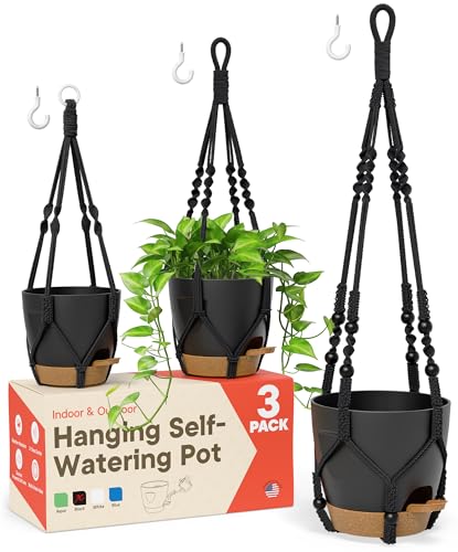 Campior Black Hanging Self Watering Pots with Macrame Black Rope 3 Pack Indoor Outdoor Hanging Plant Pots with Builtin Reservoir Wick Rope Drainage Holes Hooks Stylish Boho Decor Hanging Planter - Image 1