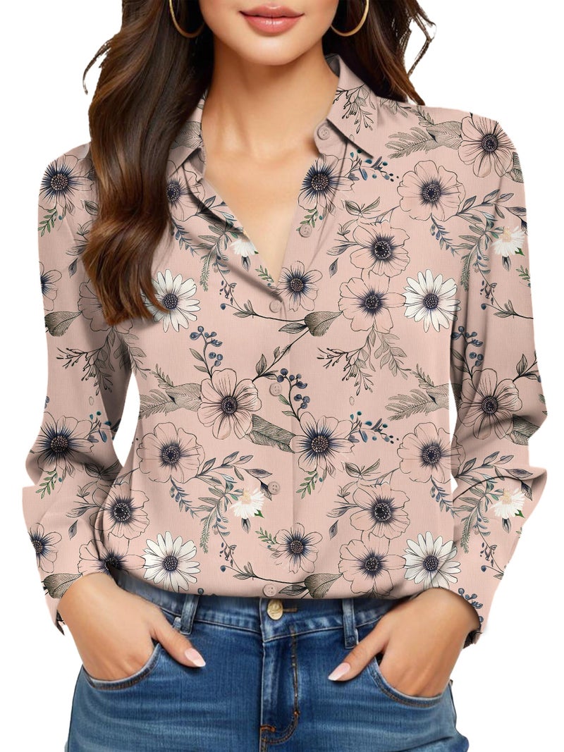 COUXILY Womens Button Down Up Shirt Long Sleeve Silk Shirts for Women Tops Fall Business Casual Blouse Formal Work Dressy Blouses Trending Fashion Print Office Colorful Floral 03 S - Image 1
