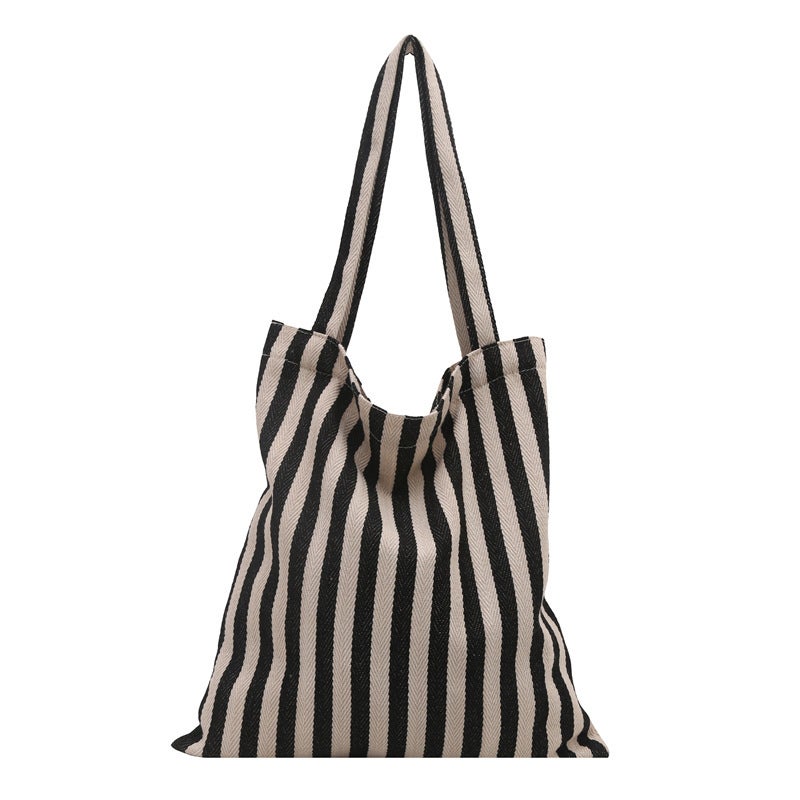 Large Capacity Simple Striped Canvas Bag Small Fresh Style Artistic Shopping Bag Handbag Fashionable Simple Shoulder Tote Bag