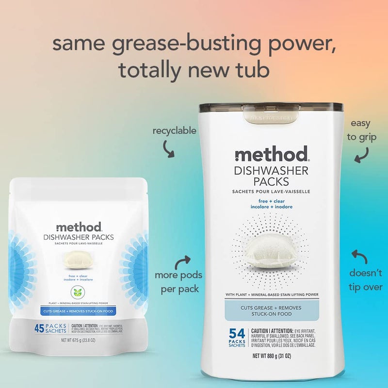 Method Dishwasher Detergent Packs, Fragrance Free + Clear, Dishwashing Rinse Aid to Lift Tough Grease and Stains, 54 Dishwasher Tabs per Package, (Pack of 2) - Image 4