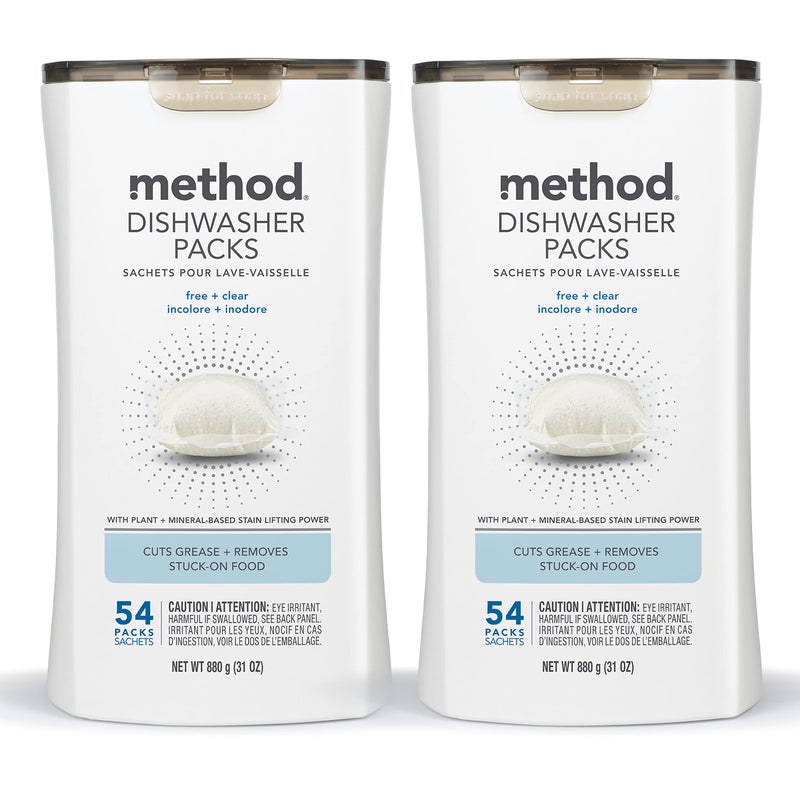 Method Dishwasher Detergent Packs, Fragrance Free + Clear, Dishwashing Rinse Aid to Lift Tough Grease and Stains, 54 Dishwasher Tabs per Package, (Pack of 2) - Image 1