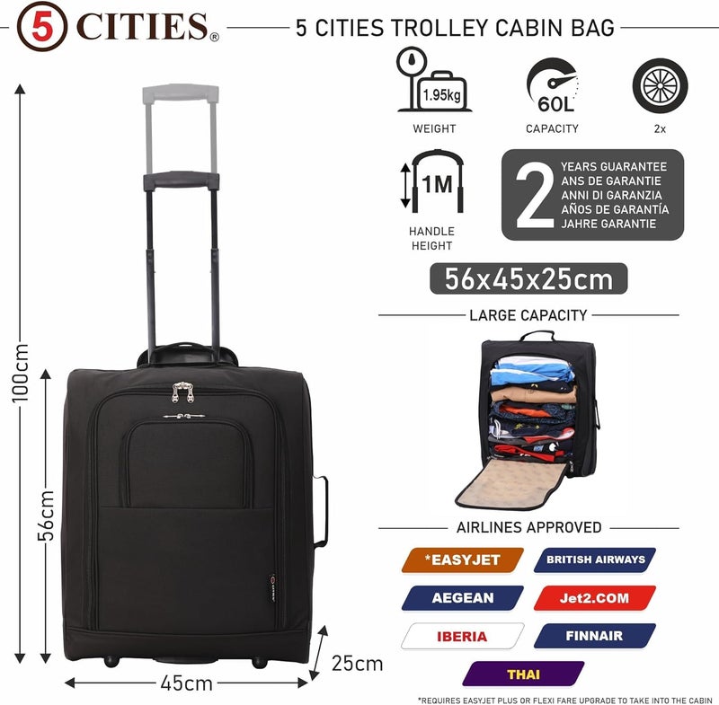 5 Cities British Airways Jet2 & easyJet Plus/Flexi, 56 x 45 x 25 cm, Hand Luggage, 56 cm, 60 L, Black, Black, Suitcase, Black, 56x45x25 cm, Suitcase - Image 2