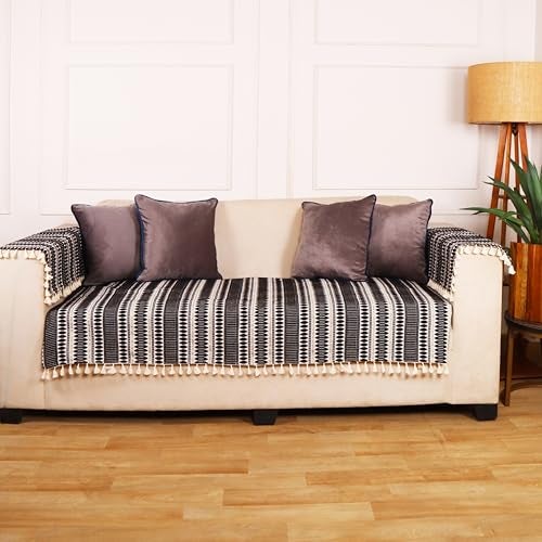 STITCHNEST Woven 5 Seater Sofa Protector with Hand Rest Covers – Black & White Stripe Design – Washable Fabric with Tassels – Stylish Sofa Cover for Modern Living Room & Furniture Décor - Image 4