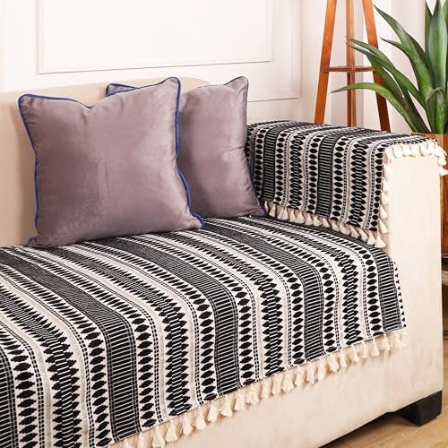 STITCHNEST Woven 5 Seater Sofa Protector with Hand Rest Covers – Black & White Stripe Design – Washable Fabric with Tassels – Stylish Sofa Cover for Modern Living Room & Furniture Décor - Image 1