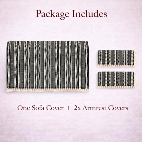 STITCHNEST Woven 5 Seater Sofa Protector with Hand Rest Covers – Black & White Stripe Design – Washable Fabric with Tassels – Stylish Sofa Cover for Modern Living Room & Furniture Décor - Image 2