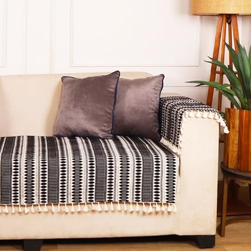 STITCHNEST Woven 5 Seater Sofa Protector with Hand Rest Covers – Black & White Stripe Design – Washable Fabric with Tassels – Stylish Sofa Cover for Modern Living Room & Furniture Décor - Image 5